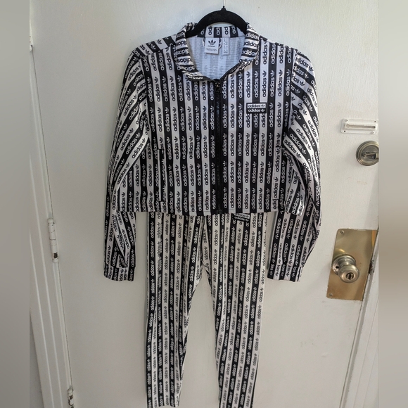 Adidas Black & White Logo Stripe Tracksuit Set Jacket Leggings Size Small - Picture 5 of 14